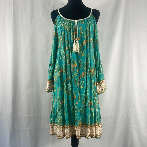 Boho Turquoise Floral  dress,cut out shoulders, tassel front trim,Large - Picture 2 of 8